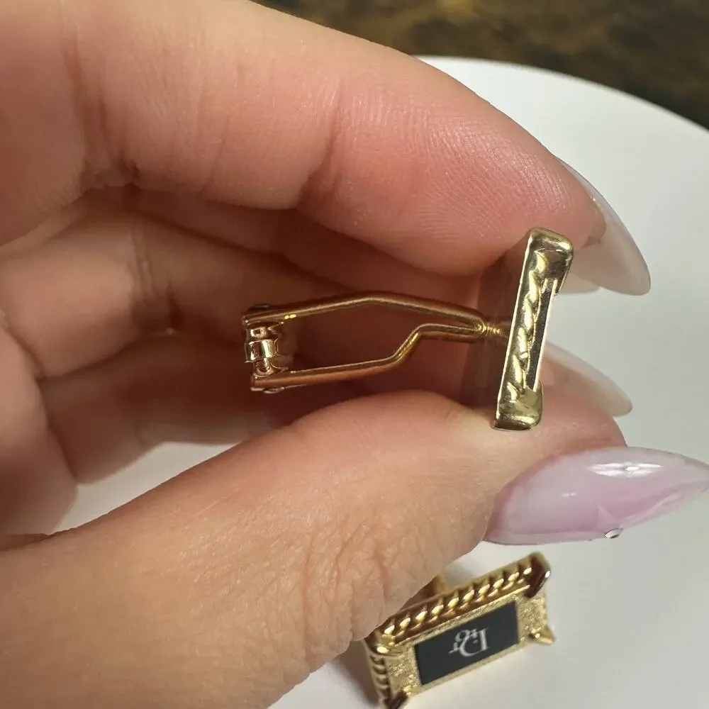 Christian Dior Cufflinks Mens Gold Tone Black Enamel Logo Rectangular Locking